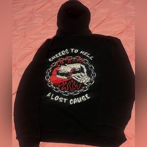 Black Graphic Hoodie with Red and White Design